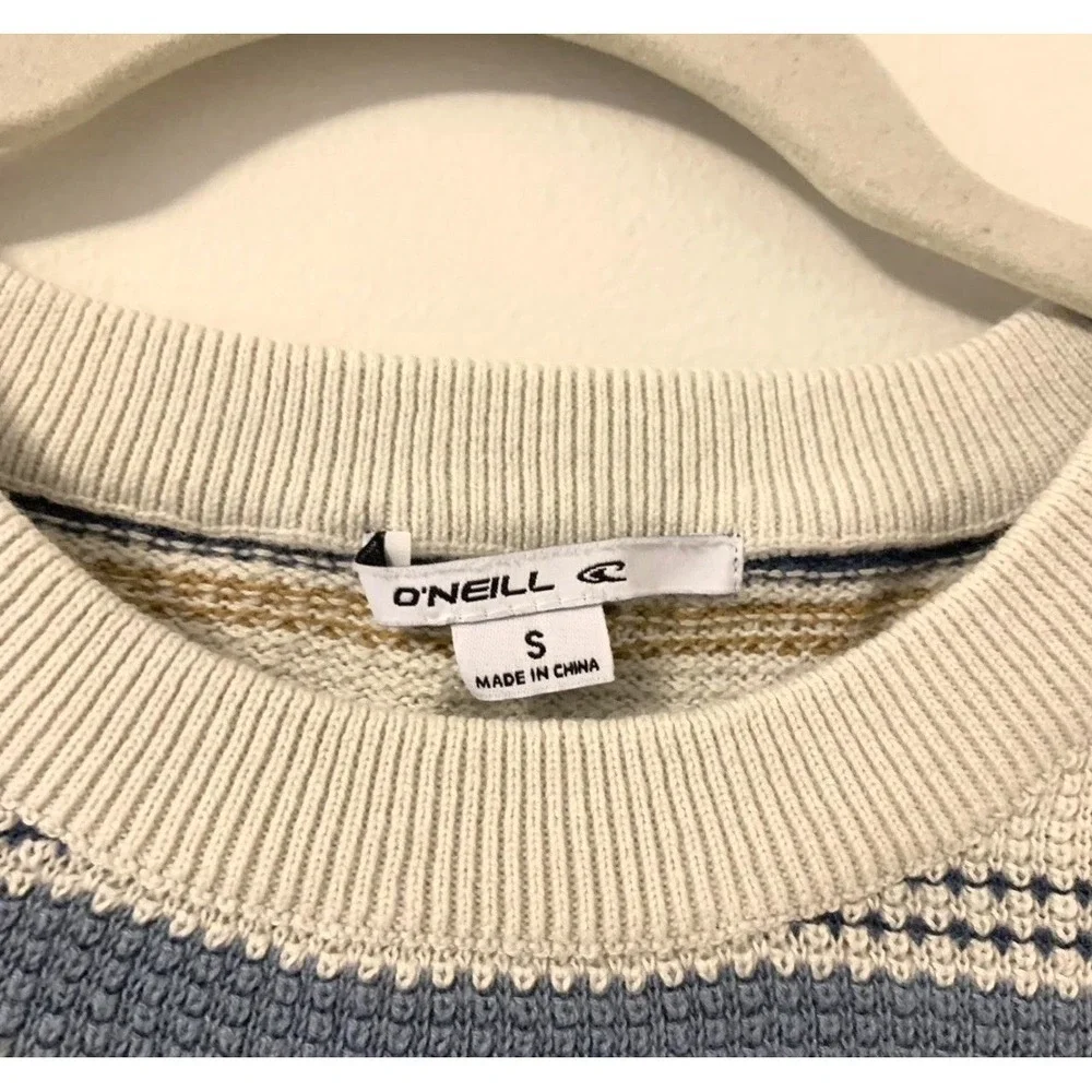 O'Neill Cropped Boxy Flared Sleeve Striped Surf Knit Sweater Woman's Size S Blue